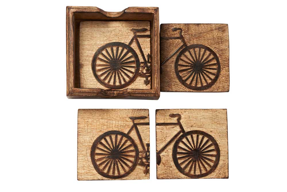 Set of 4 Hand Carved Wooden Bicycle Coasters