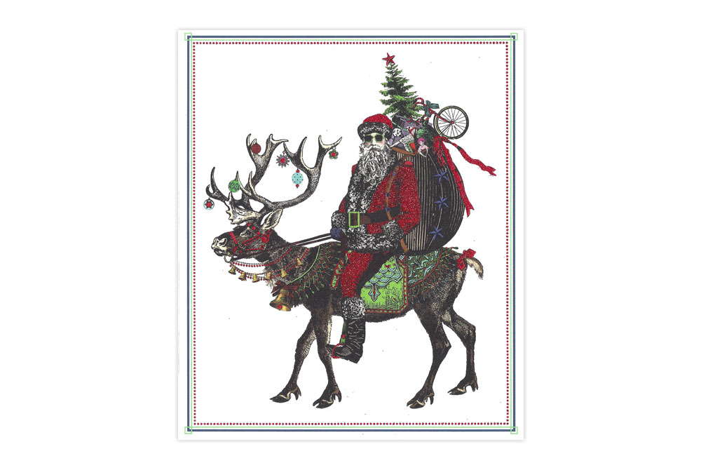 Santa Claus Rides Bicycle Christmas Card