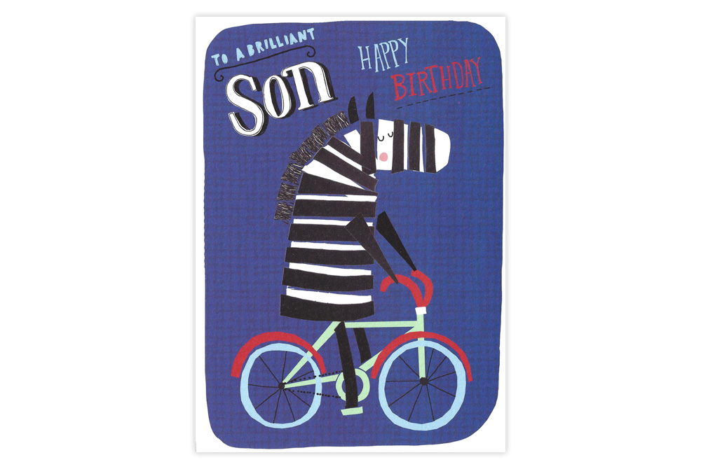 Zebra on a Bicycle Son Birthday Card