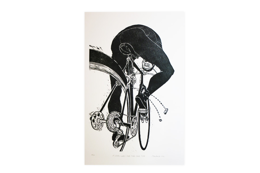 A bloke’s bike’s brake block broke Cycling Print by Alan Burton