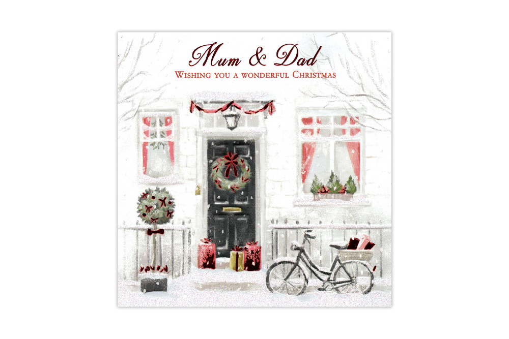 Mum & Dad Christmas Town House Bicycle Christmas Card