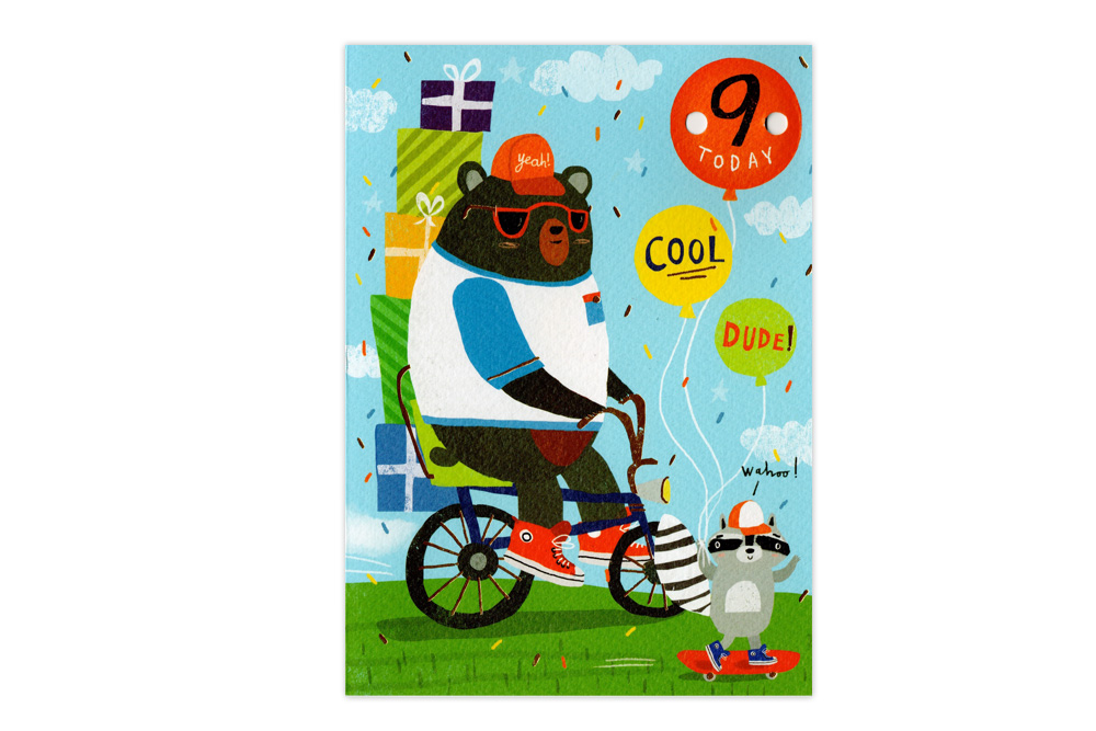 9 Today Cool Bear on a Bicycle Birthday Card