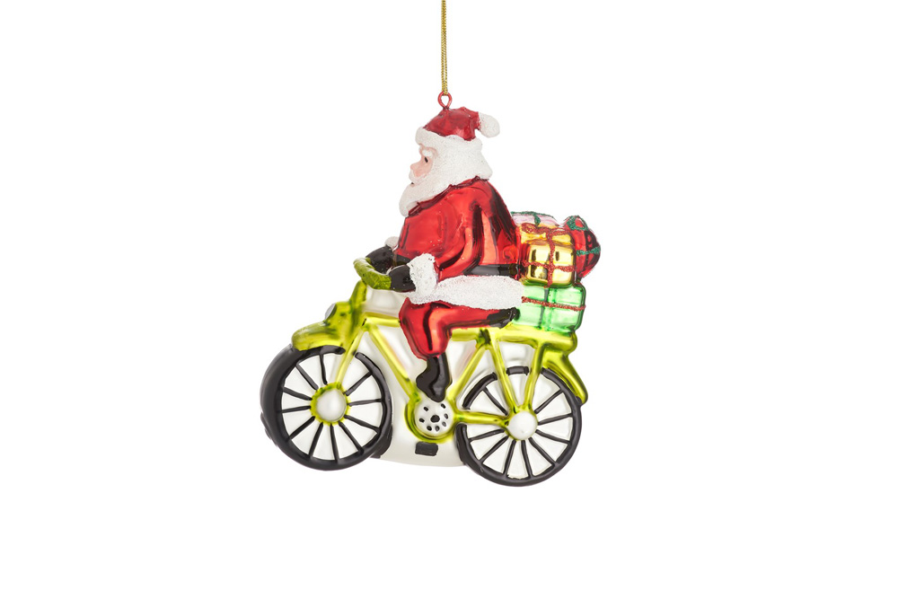 Shiny Santa on a Bicycle Christmas Tree Decoration