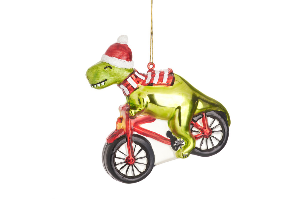 Shiny Dinosaur on a Bicycle Christmas Tree Decoration